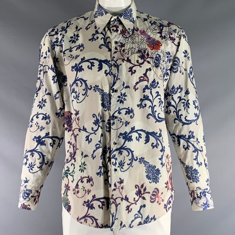 ROBERT GRAHAM Size M Beige Navy Print Cotton Button Up Long Sleeve Shirt